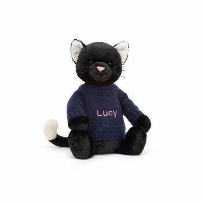 Jellycat Bashful Black Kitten with Navy Jumper USA | 07438QBNT